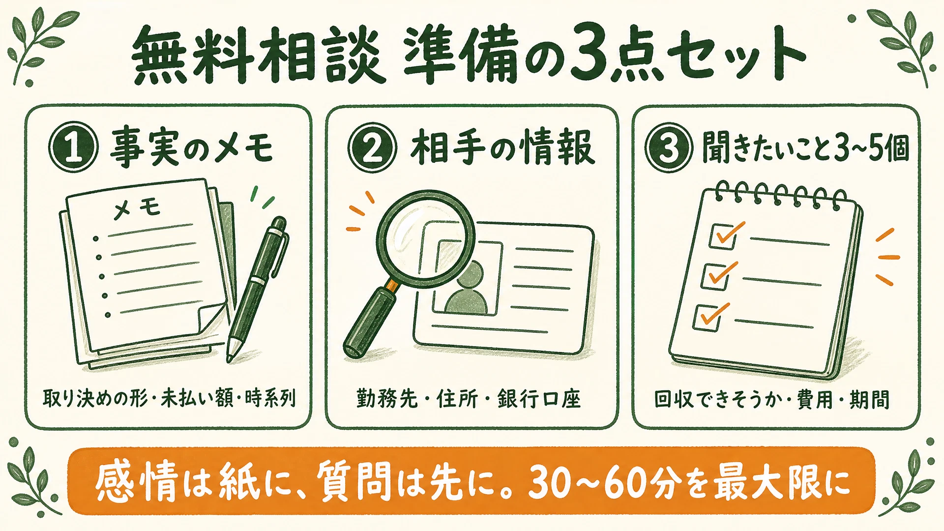 無料相談 準備の3点セット: ①事実のメモ(取り決めの形・未払い額・時系列) ②相手の情報(勤務先・住所・銀行口座) ③聞きたいこと3〜5個(回収できそうか・費用・期間)